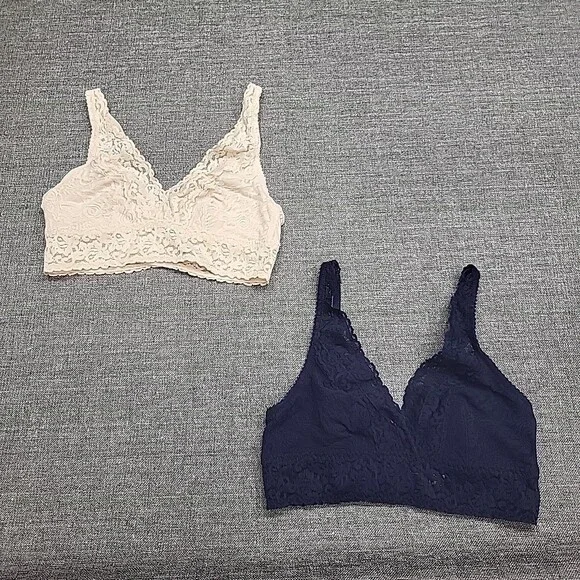 Felina Womens Set of 2 Wirefree Lace Bralette Medium Size Navy Beige Modern Bras - Picture 3 of 9